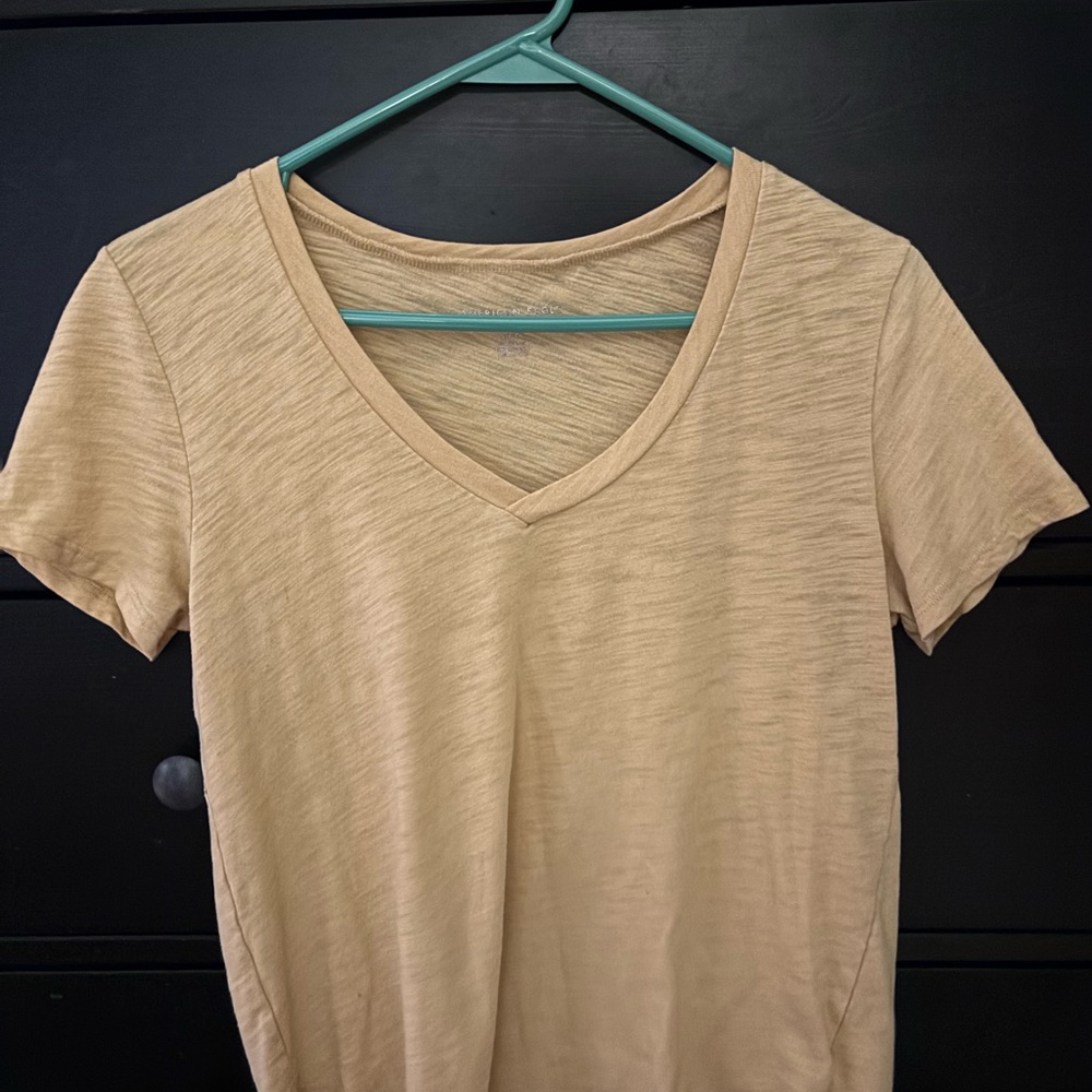 American Eagle Outfitters V-Neck Short Sleeve Top in Tan